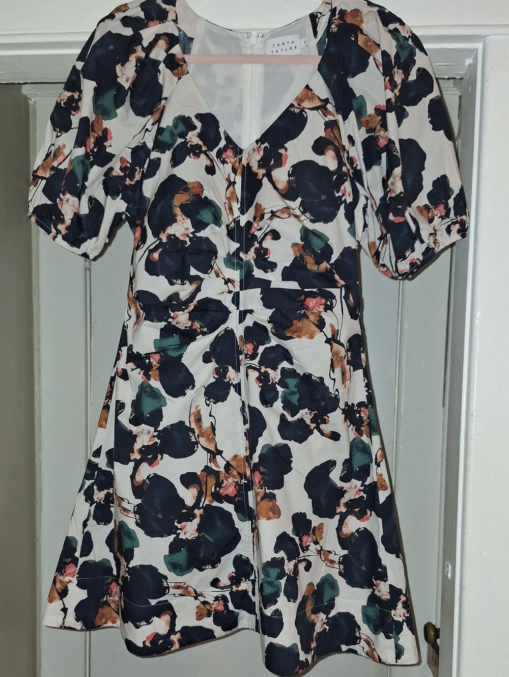 Tanya Taylor Cream Midi Dress with Navy, Green & Brown Floral